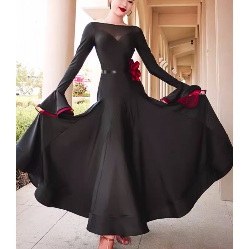 Women girls black wine rose flowers ballroom dance dresses for female flare sleeves waltz tango flamenco dancing long swing skirts for female